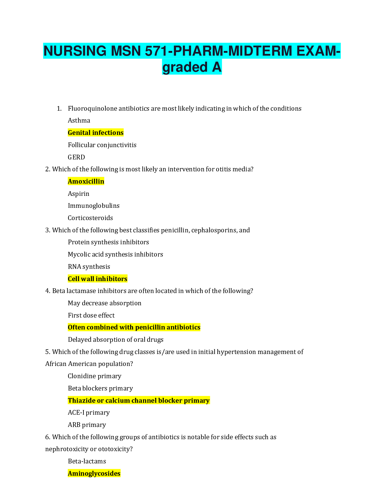 Recommended document preview for NURSING MSN 571-PHARM-MIDTERM EXAM-graded A
